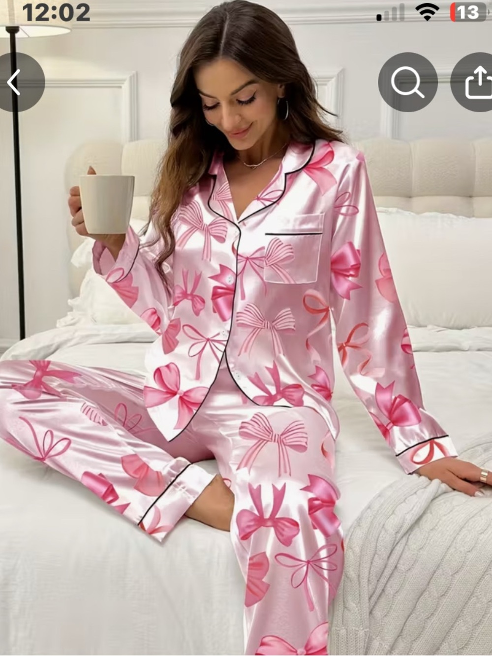 Satin Pink Bow-Print Pajama Set - Women’s Two-Piece Sleepwear